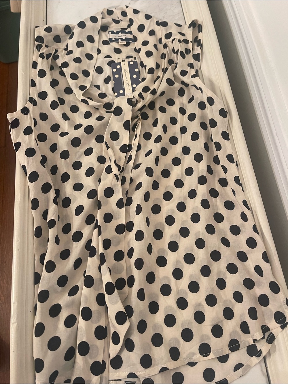 Sleeveless Polka Dot Tie-Neck Blouse in Cream and Black - Picture 1 of 4
